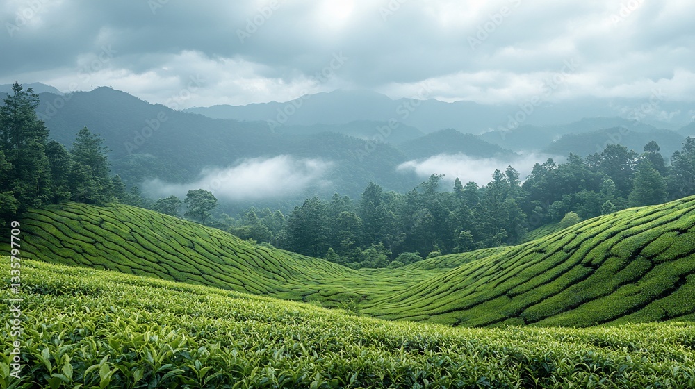Lush tea plantation cascading through misty mountains under an overcast sky