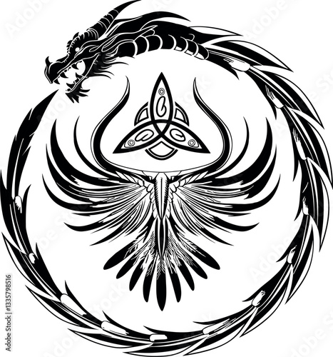 Celtic and Viking symbols: Dragon, Raven, Triskelion, Triskele, Valknut, and a mythical serpent.