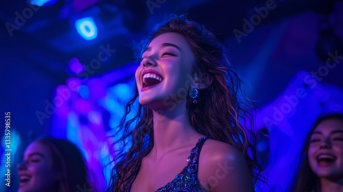 Joyful Women at Nightclub  Vibrant Neon Lights  Party Atmosphere