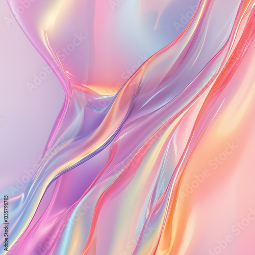Wallpaper Mural An iridescent fluid abstract image with vibrant colors in a smooth, flowing style on a soft gradient background. Vibrant holographic fluid colors flow abstractly. Abstract iridescent wave, pastel pink Torontodigital.ca