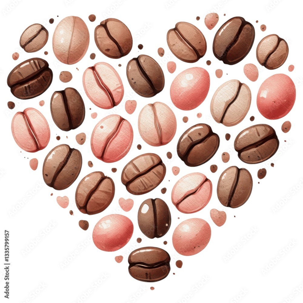 Obraz premium Valentine coffee concept. A heart-shaped arrangement of colorful coffee beans, combining shades of brown and pink, symbolizing love for coffee.
