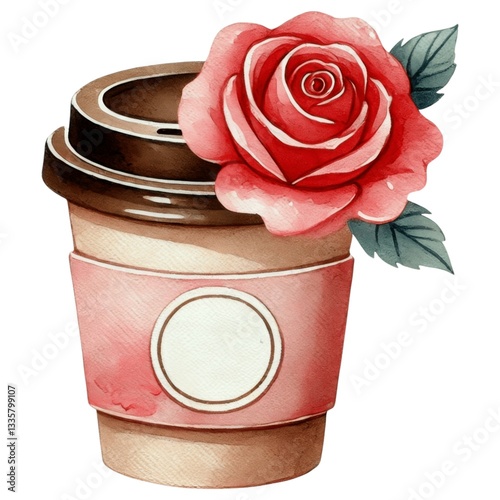 Valentine coffee concept. A colorful illustration of a coffee cup adorned with a pink rose, blending floral elegance with a casual beverage theme.