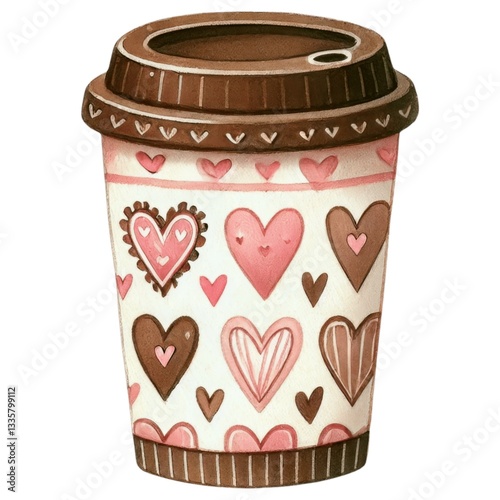 Valentine coffee concept. A whimsical coffee cup decorated with colorful hearts, perfect for showcasing love and warmth in a cozy setting.