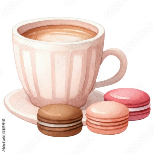 Valentine coffee concept. A delicate cup of tea with colorful macarons in shades of pink and brown, creating a stylish and inviting atmosphere.