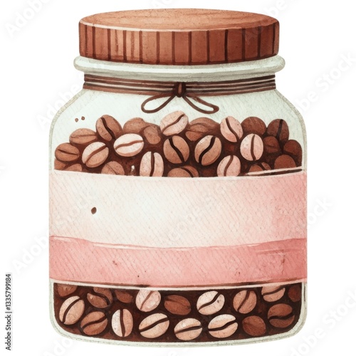 Valentine coffee concept. A decorative jar filled with coffee beans, featuring a wooden lid and a simple label design.