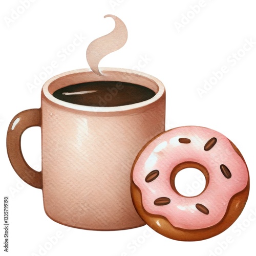 Valentine coffee concept. A cozy cup of coffee with steam rising, paired with a pink-frosted donut, perfect for a sweet treat or morning indulgence.