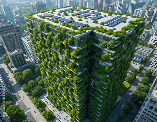 Green building with plants growing on the facade. Ecology and green living in city