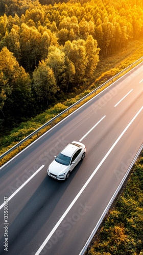 White Car on Asphalt Road Through Autumn Trees