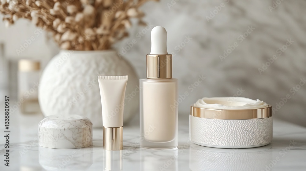 Luxury cosmetic collection displayed on a marble surface featuring a serum bottle a lotion tube and a soft textured cream jar Luxury cosmetic collection displayed on a marble surface featuring a serum bottle a lotion tube and a soft textured cream jar