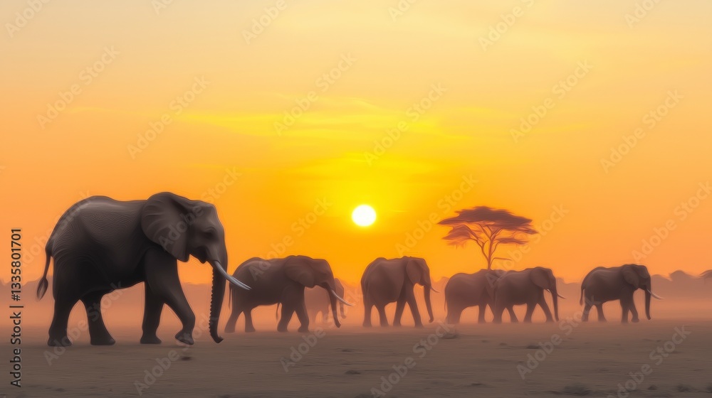 Fototapeta premium Majestic Elephant Herd Sunset Savanna African Wildlife Panorama