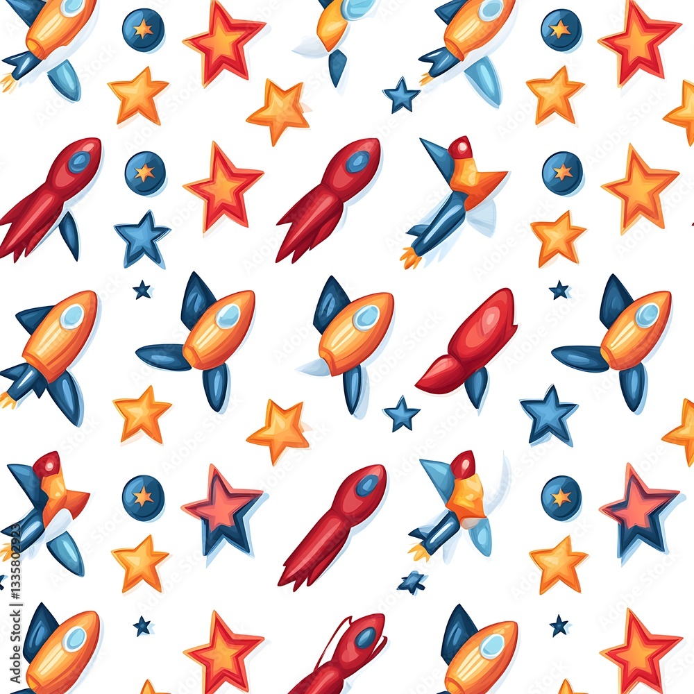 Fototapeta premium Colorful Rockets and Stars Pattern for Fun and Playful Backgrounds or Textiles for Children