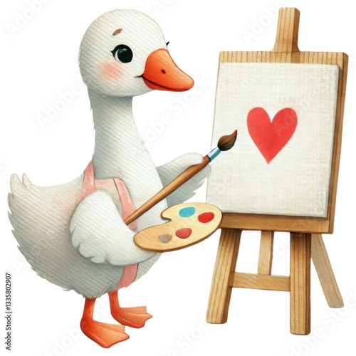 Love goose concept. A cute goose painting a red heart on a canvas, showcasing creativity and whimsy in a colorful and playful illustration.