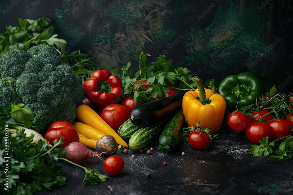High Definition Visual of Vegetables Arrangement on Dark Background High Definition Visual of Vegetables Arrangement on Dark Background