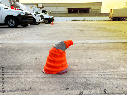 Failure of safety equipment during parked the truck on the cement ground of the yard with yellow light background