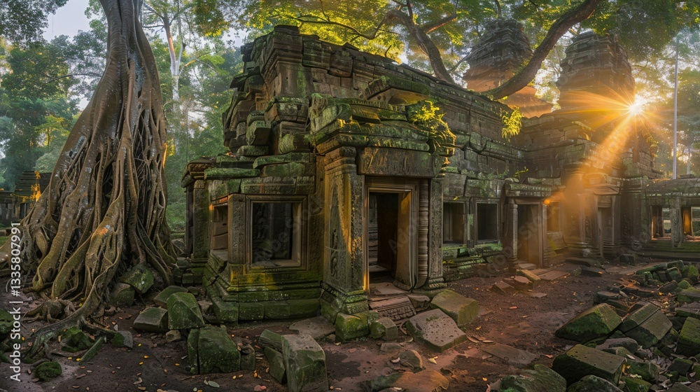 Mysterious ancient jungle with towering trees and overgrown ruins, golden light filtering through dense canopy, evoking a sense of forgotten history and adventure. Mysterious ancient jungle with towering trees and overgrown ruins, golden light filtering through dense canopy, evoking a sense of forgotten history and adventure.