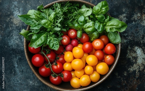 Aromatic basil, ripe red and yellow cherry tomatoes, a vibrant mix of colors and flavors in a rustic bowl, ready for a culinary creation. photo