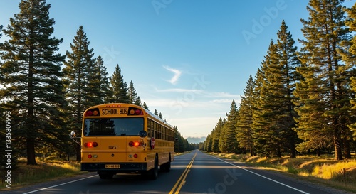 Sunny Morning School Bus Ride: Yellow School Bus on Tree-Lined Road, Blue Sky with Fluffy Clouds, Back to School Journey