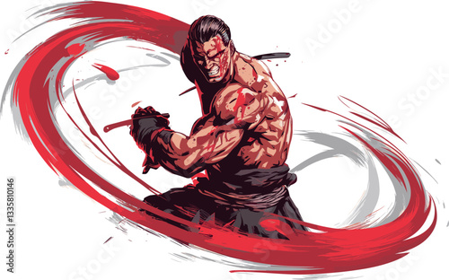 A muscular, tattooed Viking delivers a furious backhand axe strike, leaving a bloody arc in the air