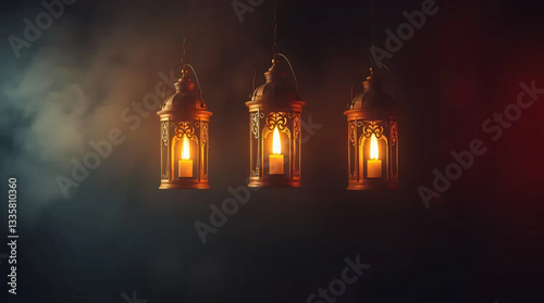Ramadan Kareem Card with Three Lanterns, Dramatic Lighting, High Contrast, and Moody Visual Aesthetics