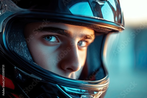High Detail Picture of Portrait of Young Man is Wearing a Helmet photo