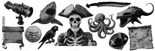 Set of pirate halftone grunge vector design elements