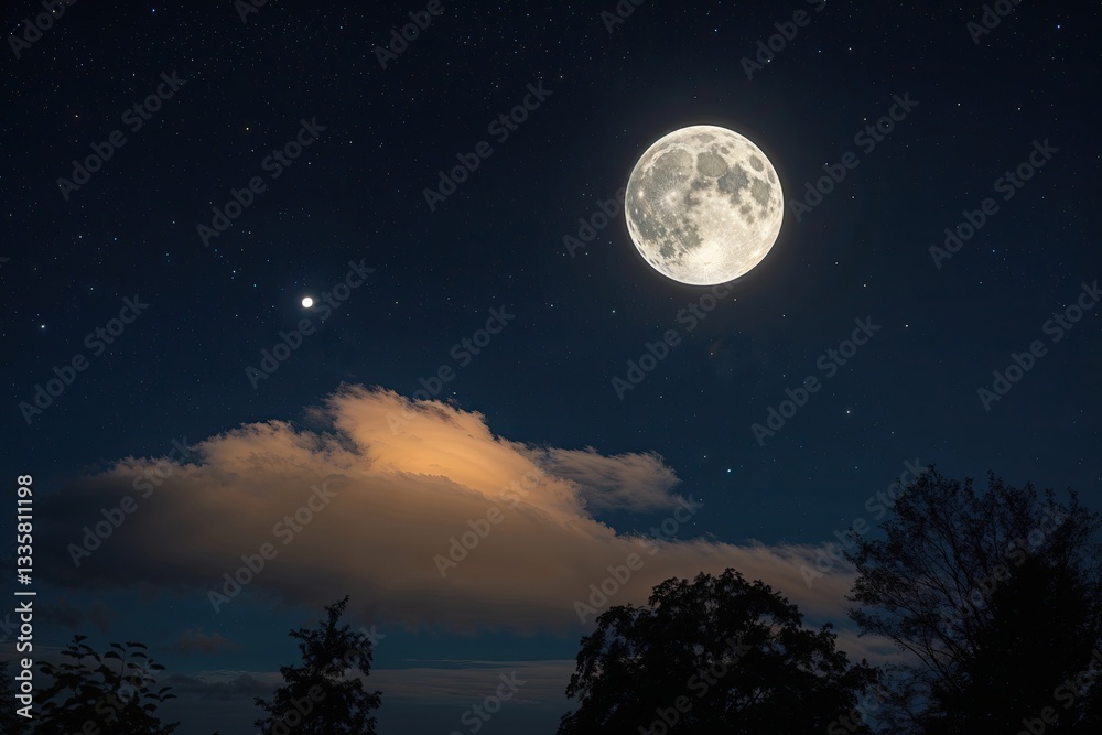 Naklejka premium Breathtaking Night Sky with Shining Moon and Stunning Celestial Wonders