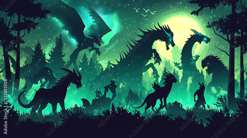 Obraz premium Silhouettes of mythical creatures in a mystical forest at night, with a glowing moon and stars