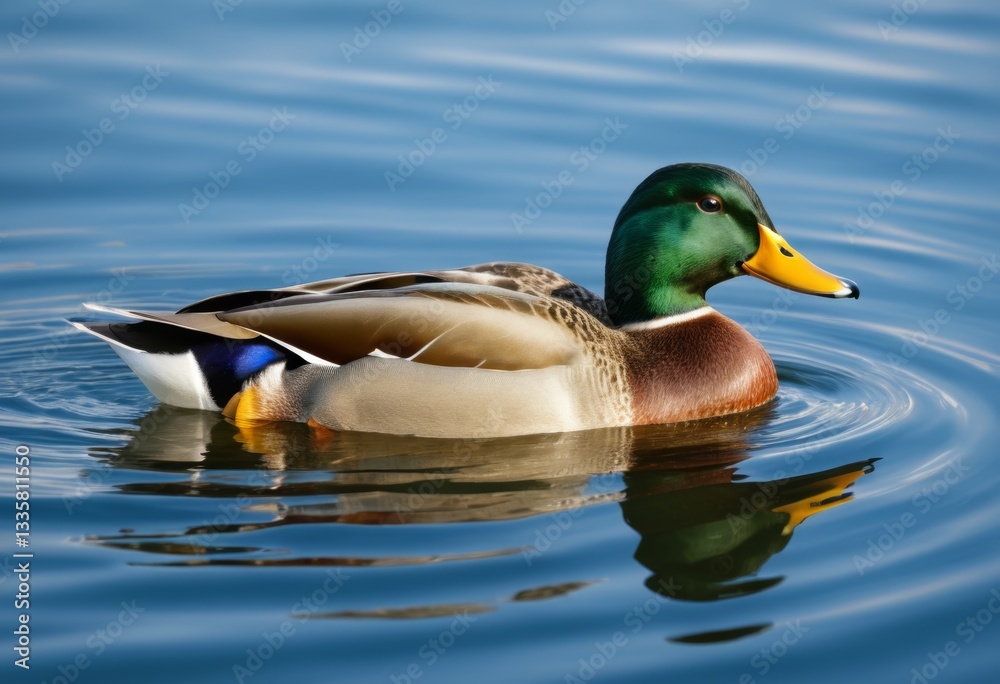 Obraz premium Yellow-beaked duck wanders in the clear water with ripples