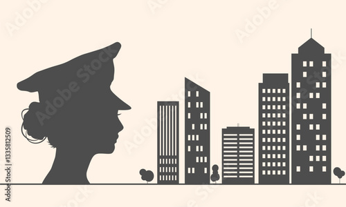 Policewoman face side view icon featuring buildings icons. Elegant silhouettes of a female head. Avatar profile sign.