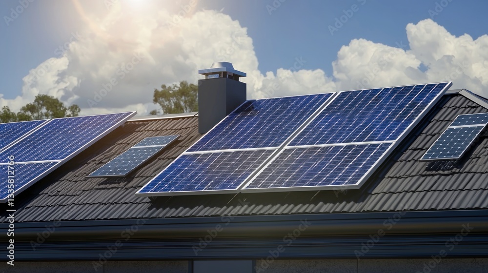 Fototapeta premium Sustainable Home Solar Panels on Roof Clean Energy Green Technology
