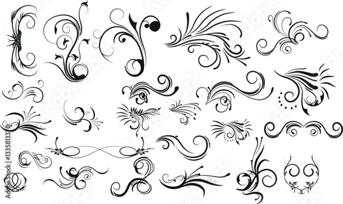 Calligraphic swirl flourish. Modern swirling flourishes, wreath, romantic card decorative swirl and wedding card decor curls swirles dividers set. Black curly thin lines, filigree ornaments baroque
