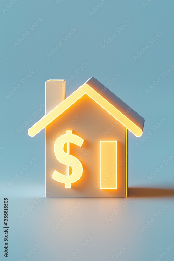 A glowing payment icon hovering over a house. A glowing payment icon hovering over a house.