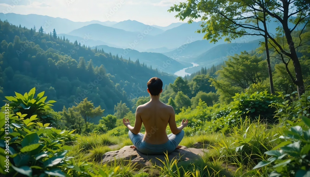 Woman Meditating Outdoors in Peaceful Mountain Landscape Enjoying Nature Serenity Woman Meditating Outdoors in Peaceful Mountain Landscape Enjoying Nature Serenity