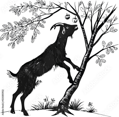 Wild animal silhouette vector illustration featuring goat in a forest setting with trees, a cute and simple design