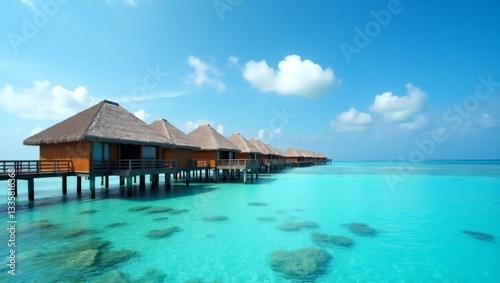 luxurious overwater bungalows in a tropical paradise, crystal clear turquoise water under blue sky with some clouds. A perfect getaway