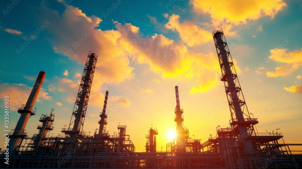 Obraz premium Dramatic Sunset over Oil Refinery Industrial Complex