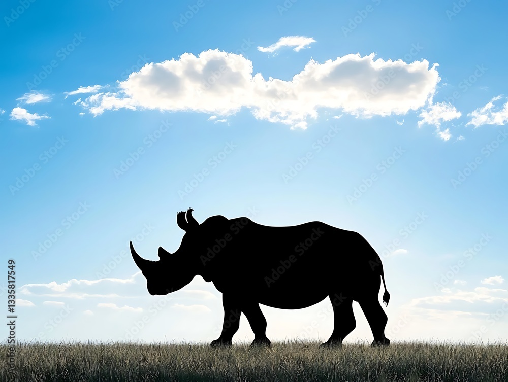Fototapeta premium Majestic Silhouette of a Rhino Against a Bright Sky with Fluffy Clouds in a Stunning Landscape