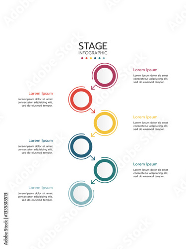 6 Circular elements placed in vertical row. Concept of 6 successive steps of project development process. Flat infographic design template. Simple vector illustration for business analytics.