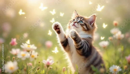 Fototapeta cute cat playing with butterfly