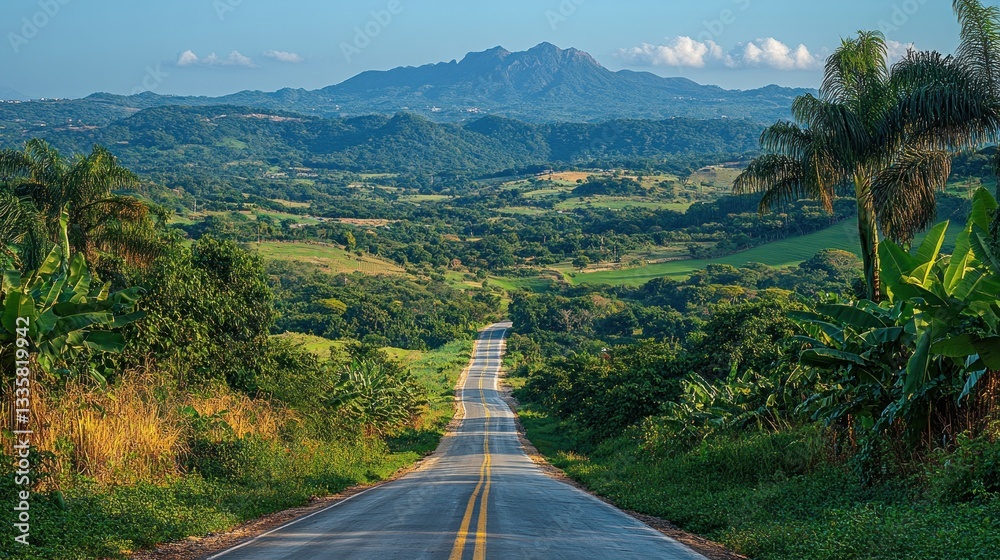 Obraz premium Serene Tropical Road Winding Through Lush Green Mountains