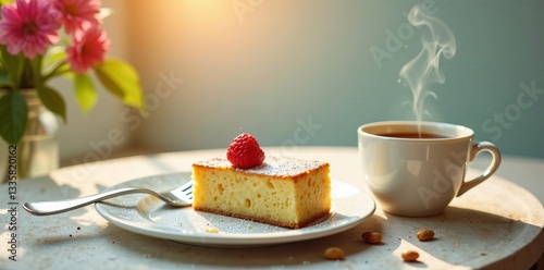 Delicious cake slice with raspberry beside steaming coffee on a cozy table setting.
