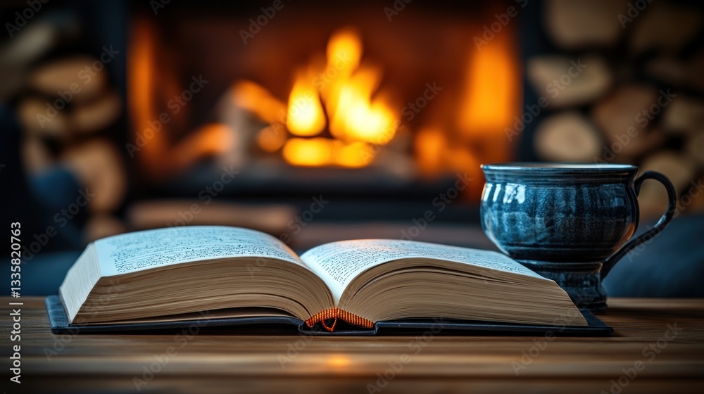 Naklejka premium Cozy fireplace scene with open book and mug.