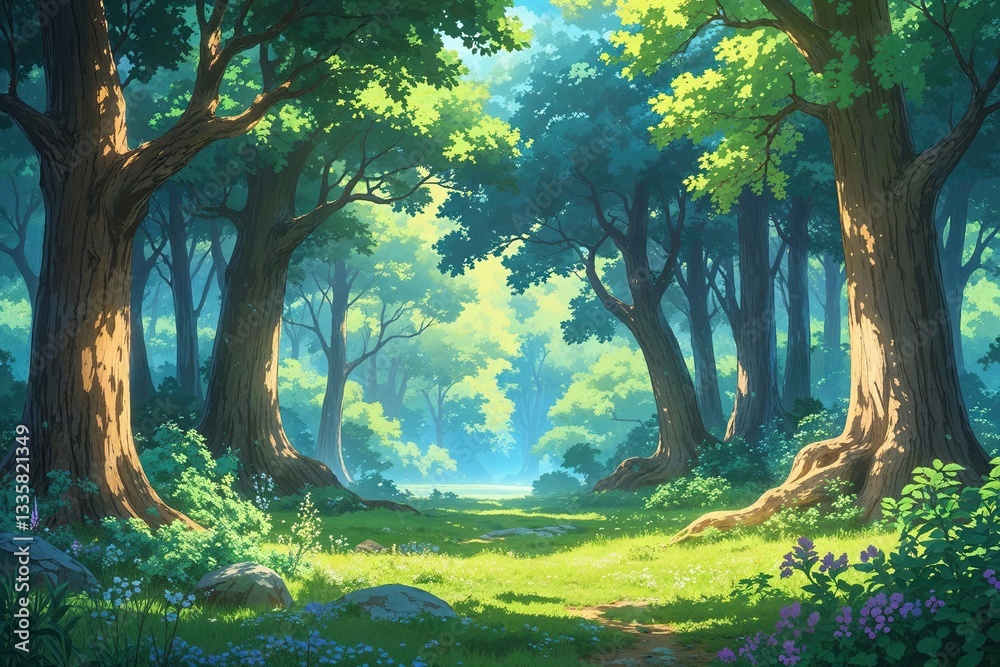 Fototapeta premium Magical Fantasy Anime Forest Background with Vibrant Trees and Tranquil Nature