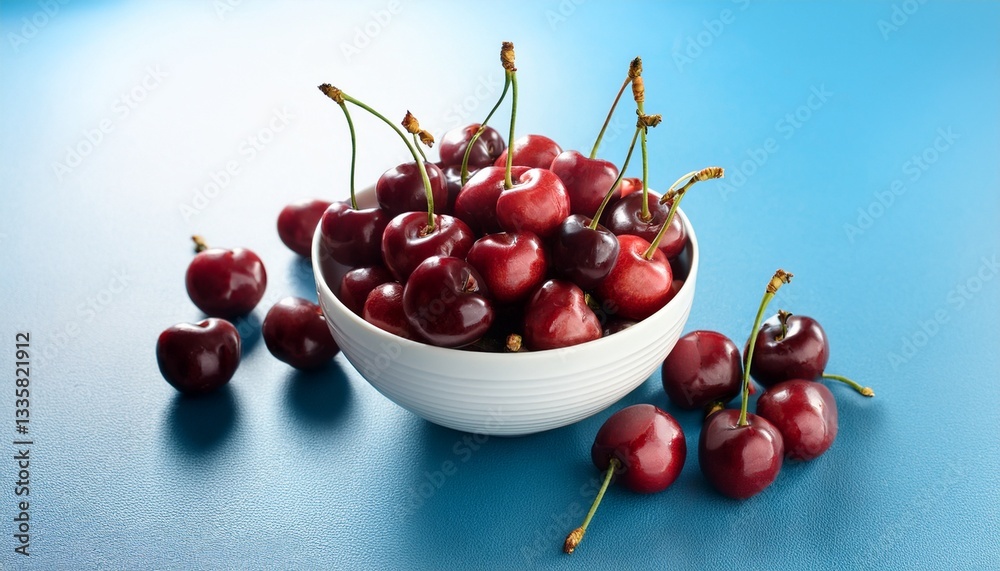 fresh sweet cherries bowl on blue background fresh sweet cherries bowl on blue background