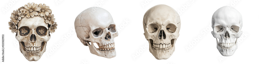 Naklejka premium A group of creepy anatomically detailed human skull sculptures in various styles representing themes of mortality the afterlife and the