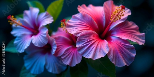 close-up pink and blue hibiscus flowers  with leaves are a bright green.The petals are a mix of pink, blue, and yellow, with hints of orange and red hibiscus flowers the dark background.