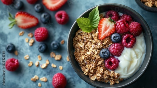 A delicious bowl of grano de grano with yories and berries for a wholesome and tasty meal