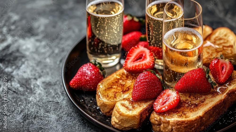 A scrumptious plate of french toast topped with juicy strawberries and a drizzle of syrup A scrumptious plate of french toast topped with juicy strawberries and a drizzle of syrup