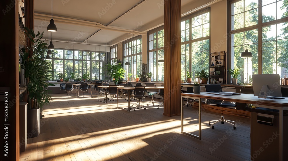 Fototapeta premium Modern Coworking Office with Large Windows and Wooden Dividers