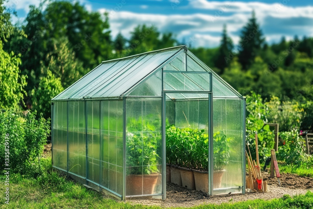 A polycarbonate greenhouse with curved walls stands in the garden, next to an open door and various plants inside, where you can see small green stems growing. A polycarbonate greenhouse with curved walls stands in the garden, next to an open door and various plants inside, where you can see small green stems growing.